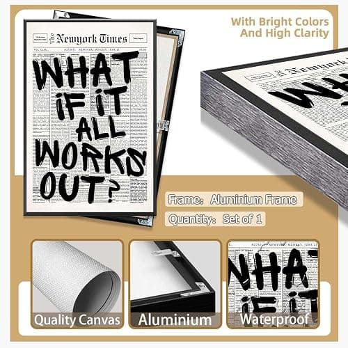 Retro Black And White Newspaper Poster What If It All Works Out Canvas Wall Art Positive Affirming Quote Minimalist Prints Painting For Home Bedroom Dorm Wall Decor 12x16in Framed thumbnail 2