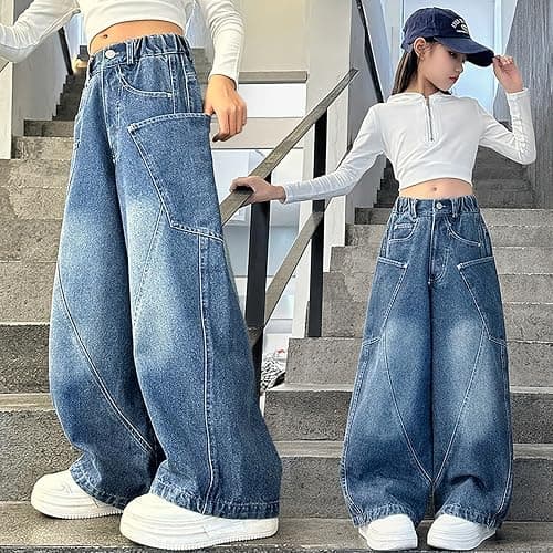 Little Girls Cargo Jeans Teen Baggy Straight Wide Leg Denim Pants High Waist Casual Streetwear Kids Y2k Trousers with Pockets thumbnail 5