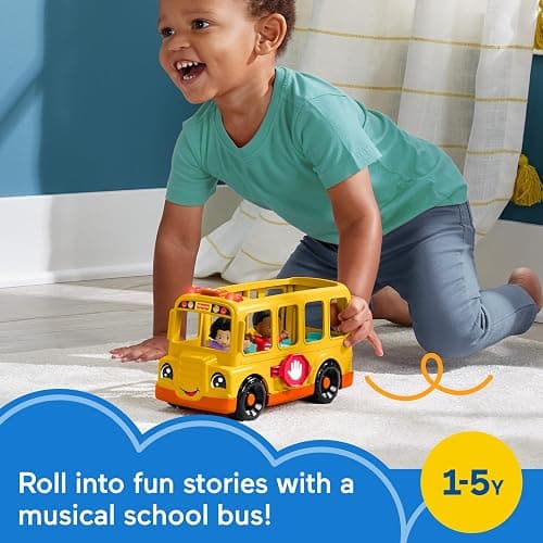 Fisher-Price Little People Toddler Toy School Bus Musical Push-Along Vehicle with 2 Figures for Pretend Play Ages 1+ Years thumbnail 2