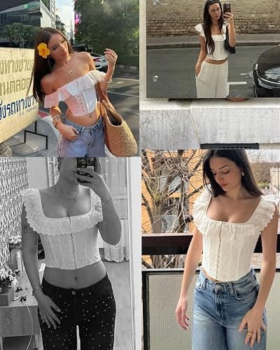 White Corset Top Lace Push Up Bustier Corset Tie Up Tanks Top | Women Y2K Cute Corset Top, Square Neck, Slim Fit, Off Shouler, Bustier Shapewear Lingerie, Eyelet Top, Bandage Crop Top thumbnail 7