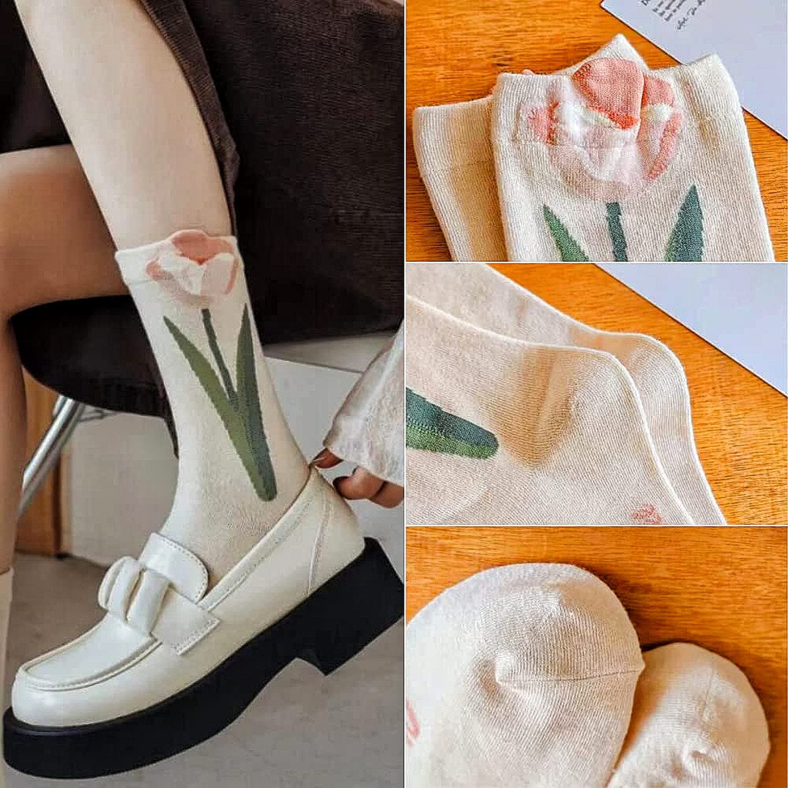 Casual Vintage Floral Cotton Socks for Women 4 Pairs Cute Ruffle Slouch Socks 5-9 for Teen Grils Above Ankle Athletic Socks, Tulip Series(4 Pairs), 5-9 thumbnail 6