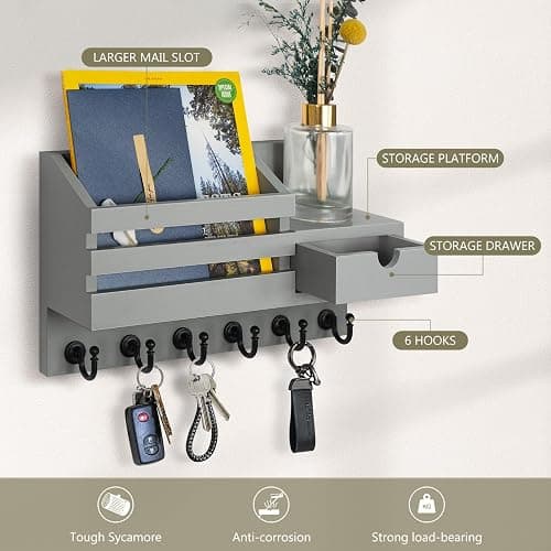 FifthQuarter Key and Mail Holder for Wall, Mail Organizer Wall Mount with 6 Hooks and Storage Drawer, Easy Installation Key Rack for Entryway and Home Decor (A-Grey) thumbnail 5