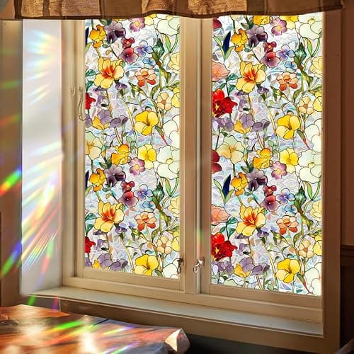 Floral Stained Glass Window Privacy Film, Retro Decorative Rainbow Window Privacy Film Sun Blocking, Magnolia Flower Glass Decal,Static Cling Stickers for Living Room, Car Sunroof. (H, 17"W x 78.74"L) thumbnail 6