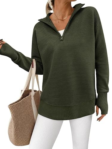 PRETTYGARDEN Womens Long Sleeve Quarter Zip Pullover Sweater Casual Loose V Neck Collared Ribbed Knit Jumper Tops Thumb Hole - Image 1