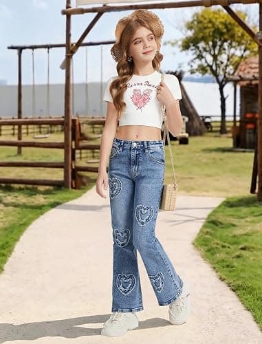 Peakpride Girls Jeans Flare High Elastic Waist Denim Pants Bell Bottom Stretch Cute Y2K Streetwear with Pockets 7-14Y thumbnail 2