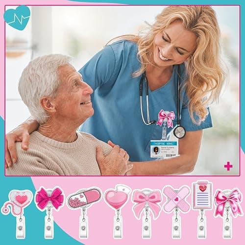 XunYee 8 Pack Pink Bow Nurse Badge Reels Xmas Retractable ID Name Nursing Medical Reels Badge Holder Christmas Stocking Gift for Nursing Student, ID Card Office Nurses Student, Teacher, Medical Worker thumbnail 7