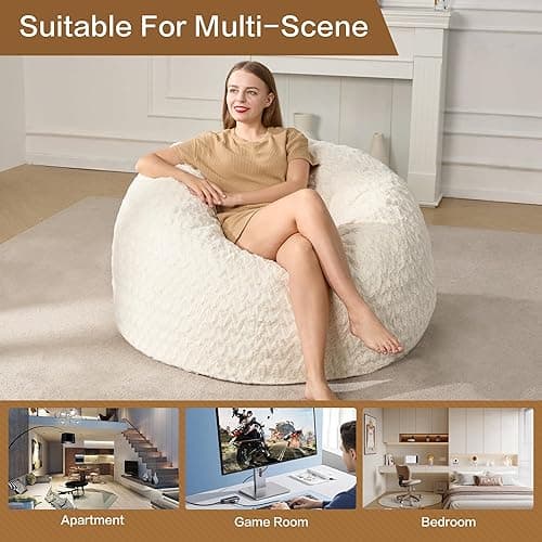 Hobestluk 3ft Bean Bag Chairs for Adults Large Beanbag Chair with Chevron Plush Fur Cover Big Bean Bag Chair for Living Room Bedroom Dorm Office - White (36” x 36” x 22”) thumbnail 7