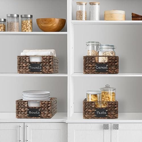 Casafield Set of 4 Water Hyacinth Pantry Baskets, 10" x 13" x 5", with Chalkboard Labels and Chalk Marker - Espresso, Woven Storage Bin Organizers for Kitchen Shelves thumbnail 2