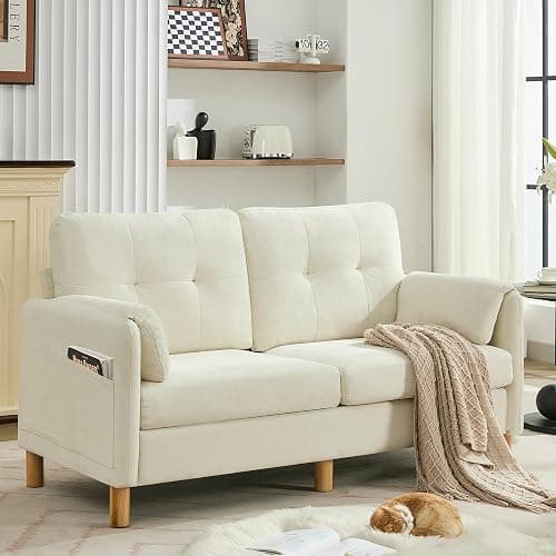 WUTUTUEE 65" Chenille Loveseat Sofa, Modern 2-Seater Love Seat Couch with Armrest Pillows, Storage Pockets, Easy Assembly, Upholstered Tufted Loveseat Sofa Couches for Living Room Bedroom, Beige - Image 1