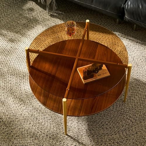 Saint Mossi Glass Round Coffee Table for Living Room, Middle-Century Modern Style, Coffee Brown Glass Top & Walnut Brown MDF Wood Top, with Gold Finish Legs & Frame thumbnail 8