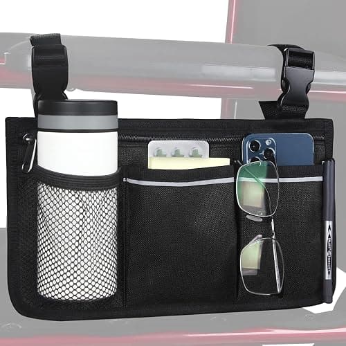 HSGEZUOQI Wheelchair Side Bag, Armrest Storage Pouch with Cup Holder and Reflective Strip Use of Waterproof Fabric for Most Wheelchairs, Walkers or Rollators (Black) - Image 1