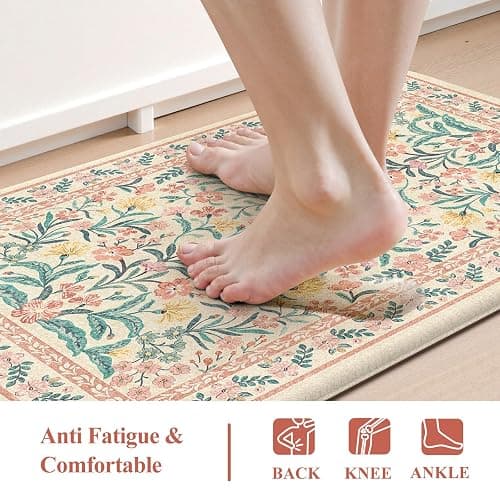 Collive Kitchen Mats Cushioned Anti Fatigue, Waterproof Kitchen Floor Mat Non Slip Desk Rugs Comfort Standing Rug, Pink Floral Carpets for Sink, Office, Laundry, Home Decor, 20" x 47" + 20" x 32" thumbnail 3