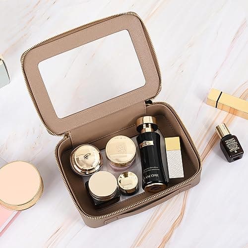 Aveniee Clear Makeup Bag Organizer, Travel Toiletry Bag Cosmetic Case for Women, Portable Make Up Skincare Pouch Car Organizer Bag with Zippers for Essentials,Taupe thumbnail 5
