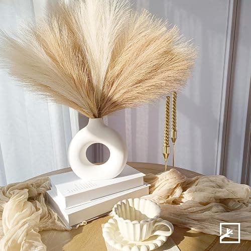 ZIFTY 6-Pcs 17" Pampas Grass Faux Pompas Fluffy Artificial Fake Flower Boho Decor for Vase Filler Ins Style Modern Home Wedding Decorations (Beige Mixed) thumbnail 2