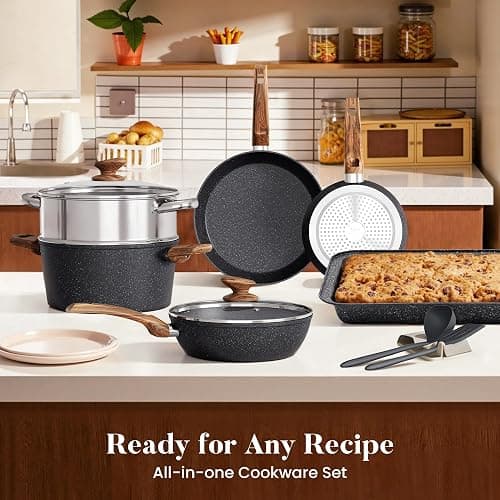 Kitchen Academy Induction Cookware Set-17 Piece Non-stick Cooking Pan Set, Black Granite Pots and Pans Set thumbnail 2