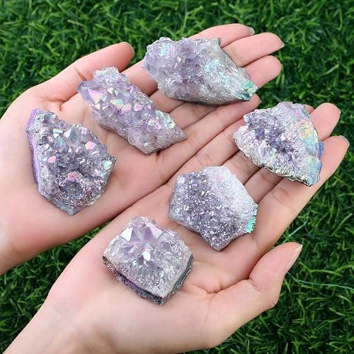 ZHIYUXI Angel Aura Amethyst Crystal Clusters Geode Titanium Bonded Amethyst Crystal Gem Stones Crystals and Stones Natural Rock Raw Stone Energy Balance Reiki Decor 1Pc 50-70g thumbnail 4