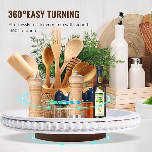 HPC Decor 12Inch Beaded Lazy Susan- Wooden Lazy Susan Organizer for Farmhouse Table Decor, Round Turntable for Table Cabinet,Countertop- Kitchen Turntable 360 Degrees Rotating Table Spinning Tray. thumbnail 4