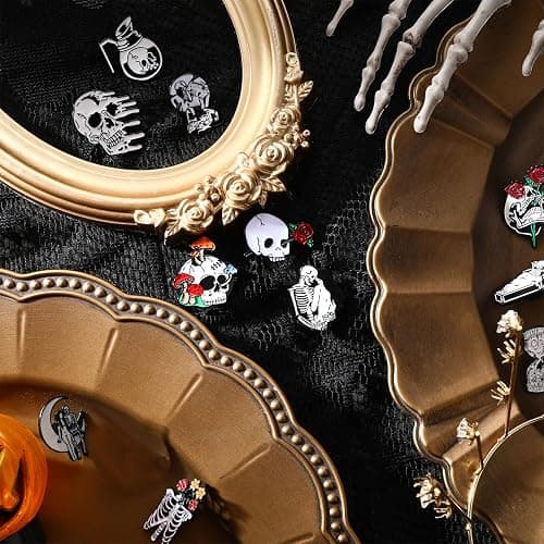 Janinka 20 Pcs Halloween Pins Goth Pin Skull Spooky Skeleton Set Horror Goth Skeleton Flower Brooch Pins Mini Skull Lapel for Christmas Gifts Men Women Bag Jacket Backpack Hat Pant Clothes Accessories thumbnail 4