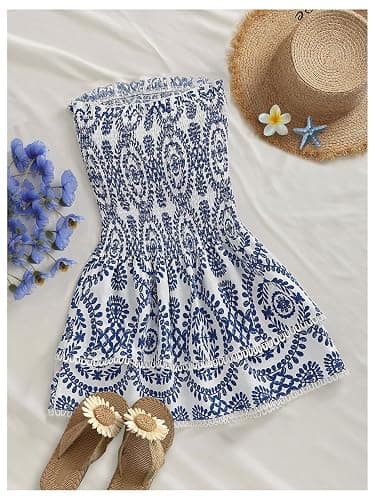 MakeMeChic Women's Summer Ruffle Dress Strapless Mini Dress Shirred Beach Vacation Dresses thumbnail 2
