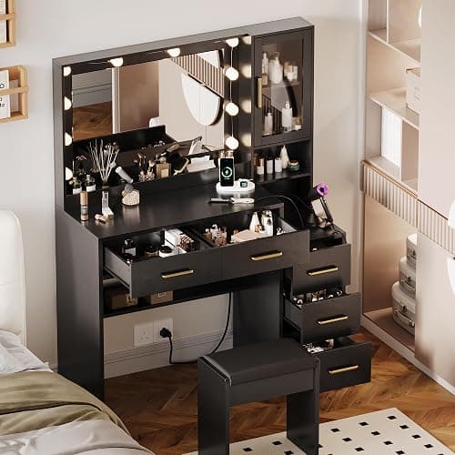 TOKSOM Makeup Vanity with Lights & Charging Station, Black Vanity Table with 5 Drawers & Open Storage Shelves, Bedroom Makeup Dressing Table Set for Women Girls Golden Handles thumbnail 3