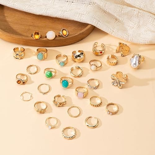Mixcbe 30-36 Pcs Vintage Crystal Turquoise Ring Set Gold Knuckle Rings for Women Bohemian Stackable Joint Rings Retro Boho Stacking Joint Finger Rings Pack thumbnail 4