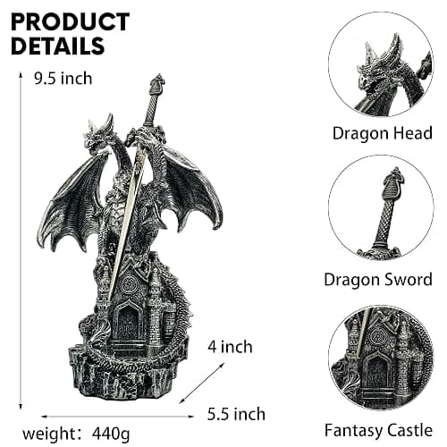 Hmusnwol Dragon Statue with Medieval Sword-Collection Figurine Fantasy Decor - Silvery Dragon Standing Gothic Castle for Tabletop Bookshelf Housewarming Gifts thumbnail 3