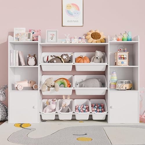 Xilingol Kids Toy Storage Organizer W/8 Removable Toy Bins, 4-Tier Toy Organizers W/6 Storage Cubbies, Kid Bookshelf and Toy Storage for Playroom, Bedroom, Kids Room, Classroom - Image 1
