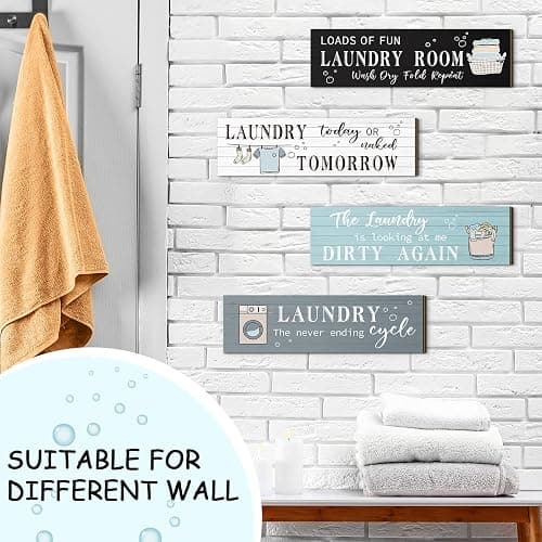 Laundry Room Wooden Funny Sign Wall Plaque Rustic Farmhouse Vintage Bathroom Laundry Rules Hanging Decor, 4 Pieces (Multi Color) thumbnail 4