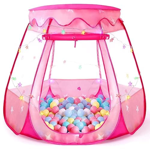 Pop Up Princess Tent with Colorful Star Lights for 1 2 3 Year Old Birthday Gift, 12-18 Months Baby Girl Toys, Foldable Ball Pit with Carrying Bag, Indoor&Outdoor Play Tent for Kids - Pink - Image 1