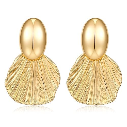 FILMOON Gold Plated Earrings Dangle Chunky Fan-shaped Earrings Shell Earring for Women Two-Tone Fashion Statement Jewelry - Image 1