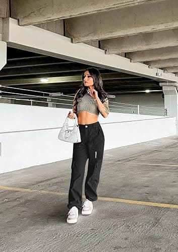 IVIR Cargo Pants Women High Waist Wide Leg Casual Pants with 7 Pockets Stretchy Drawstring Baggy Y2K Trousers thumbnail 3