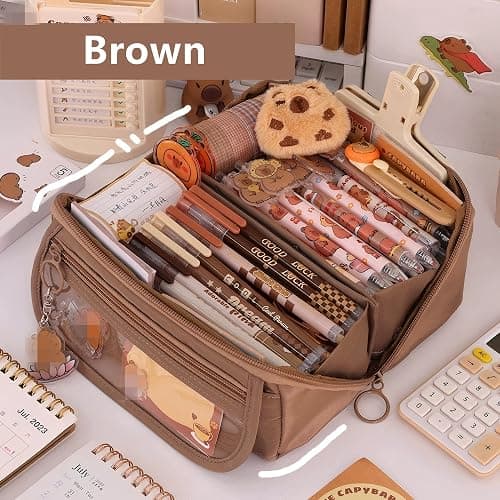 Grurun Pencil Case Pouch Box Cute Kawaii Large Capacity Aesthetic Zipper Pen Holder Organizer Bag for Kids (Z-Brown) thumbnail 3