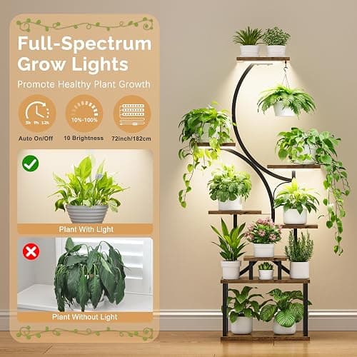 Plant Stand Indoor with Grow Lights - 62" Tall Plant Shelf, Lighted Corner Plant Stands for Indoor Growing, 8 Tiered Large Flower Holder, S-Shaped Decorative Rack for Living Room, Black, Patent Design thumbnail 4