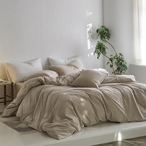 MooMee Bedding Pillowcases Striped Pack of 2 100% Washed Cotton Linen Like Textured Breathable Durable Soft Comfy (Tannish Linen Grey White Wide Stripes, Standard) thumbnail 6
