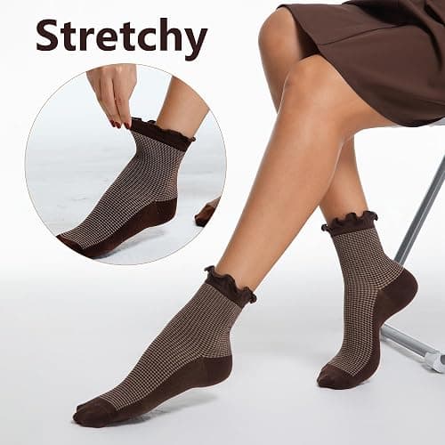 Qqmump Women Ruffle Socks, Cotton Retro Frilly Striped Socks, Cute Checkered Ankle Sock for Women, Vintage Casual Dress Sock thumbnail 3