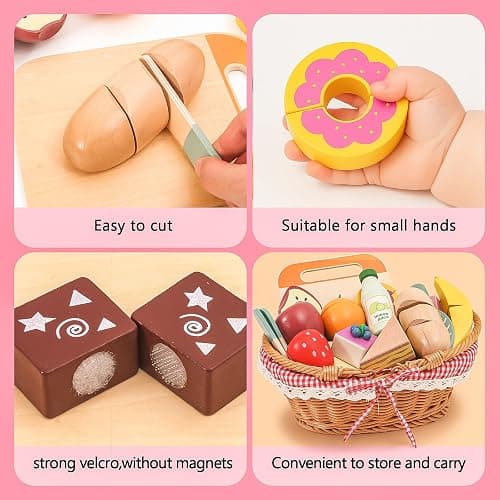 HAPGFS Wooden Picnic Basket Toy Set with Realistic Play Food - Kids Pretend Play Kitchen Accessories for Toddlers 3-8, Wood Play Food for Imaginative Tea Party & Outdoor Fun thumbnail 3