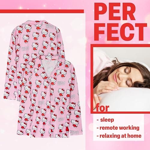 Hello Kitty Pajamas for Women Teens Long PJs Comfy Kawaii Button Down Lounge Set thumbnail 3