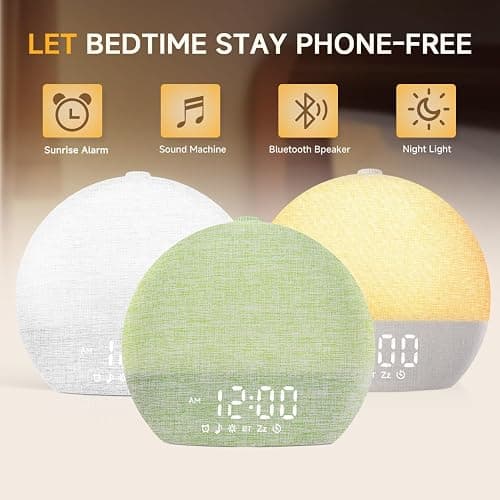 Geuuap Sunrise Alarm Clock White Noise Sound Machine for Bedroom | Natural Wake-Up Light with 30 Soothing Sleep Aids, Bluetooth Speaker, Dimmable Clock, Screen-Free Design for Baby Adults Kids-Green thumbnail 2