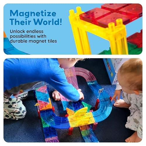 PicassoTiles Magnetic Tiles Race Track Car Thrilling Toy Playset Includes 2 Racing Trucks STEM Educational Magnet Tile Building Block Construction Set for Toddlers Boys Girls Ages 3 and Older PTR30 thumbnail 5