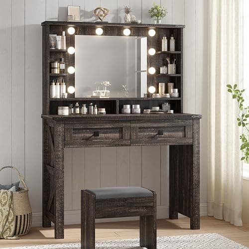 EnHomee Small Vanity Desk with Mirror and Lights, Makeup Vanity with Storage Drawer, Wooden Vanity Desk with Charging Staion for Women's Bedroom, Small Space, Dark Oak - Image 1