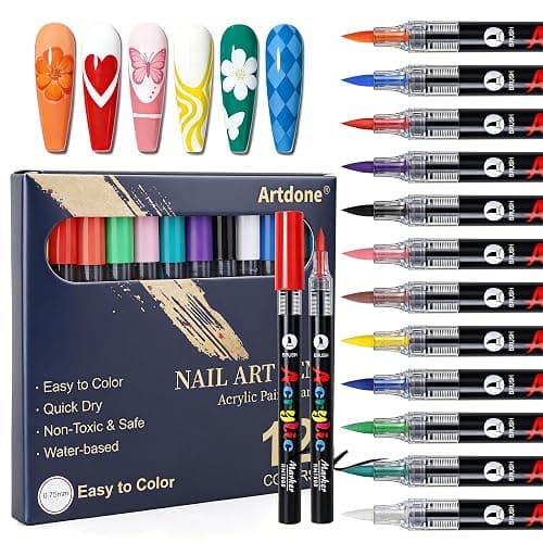 Artdone 12 Colors Nail Art Pens Set, 3D Quick-Drying Acrylic Paint Markers Nail Point Graffiti Dotting Drawing Liner Brush for DIY Gel Nail Polish Design Manicure Tools - Image 1