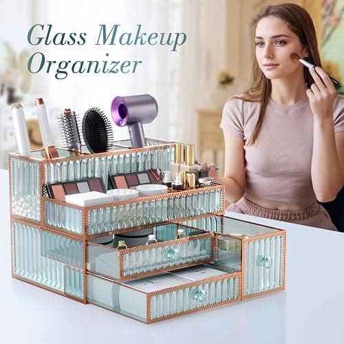 Youdepot Makeup Organizer Countertop - Tempered Glass Vanity Organizer for Cosmetics, Skincare, Hair Tools, Brushes, Perfume - Multipurpose Bathroom Counter Skincare Organizer thumbnail 3