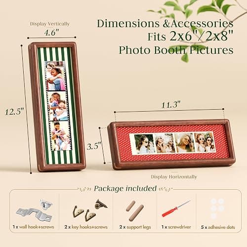 Janaden 2 PCS Photo Booth Frames with 3 Vintage Mats for Wall & Desktop | 11.3x3.5in Wood Photo Strip Frame, Photobooth Holder with Stand and Key Holder Hangers (Drilling Needed,Tool Not Included) thumbnail 2