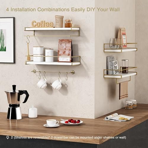 Forbena Floating Bathroom Shelves Wall Mounted, Aesthetic White and Gold Shelves for Bathroom Accessories, Modern Bathroom Organizer with Tower Bar for Wall Decor Storage Small Spaces, Set of 2 thumbnail 6