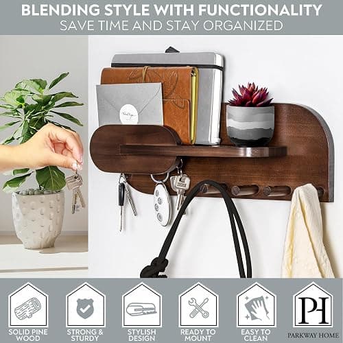 Solid Wood Mail and Key Holder for Wall Decorative Display - Includes Mail Holder, Shelf with Hooks for Keys & Pegs for Hanging Hats, Coats, Bags, Backpacks & More - Sleek Modern Design, Walnut Brown thumbnail 6