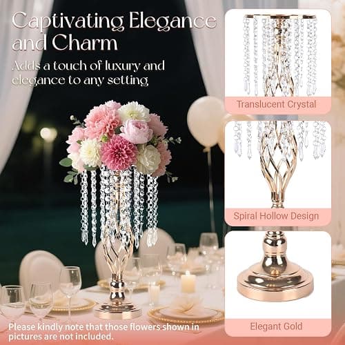 SOCROTO 10 Pcs Crystal Flower Stand Gold Wedding Centerpieces 16.9 Inch Tall Gold Vase with Chandelier Metal Wedding Centerpiece Vase for Birthday Party Reception Festivals Party Decor (S-16.9inch) thumbnail 4