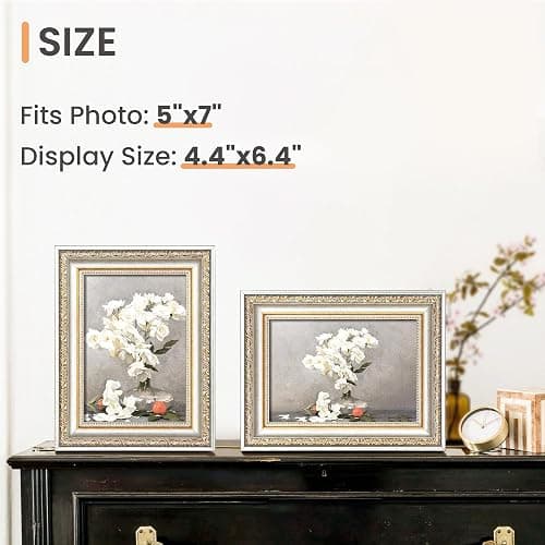 upsimples 5x7 Picture Frame with Real Glass, Ornate Vintage 5 x 7 Photo Frames for Wall Decor or Tabletop Display, White and Gold, 2 Pack thumbnail 3