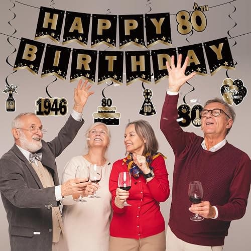 DARUNAXY Vintage 1946 80th Birthday Party Decorations for Men Women(30PC) | Vintage Back in 1946 Banner, Black 80 Number Balloons & Cake Topper, 80 Birthday Honeycomb Hanging Swirl Party Supplies thumbnail 8