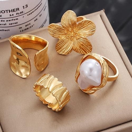 KISS WIFE Golden Chunky Rings Set for Women, Big Flower Artificial Crystal Baroque Pearl Irregular Stackable Knuckle Rings Pack, Vintage Chunky Jewelry Gift thumbnail 8