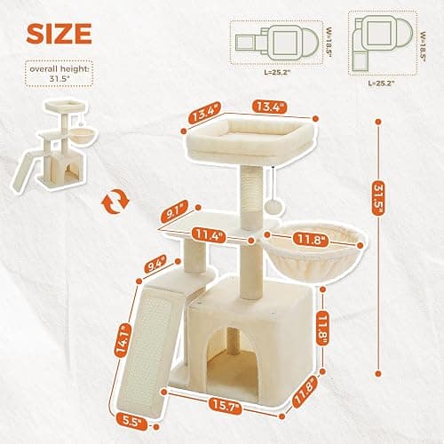 PAWZ Road Cat Tree for Indoor Cats, 31.5''=80CM Cute Cat Tower with Cat Condo Sisal Scratching Ramp Cozy Hammock and Removable Top Bed Perch for Kittens, Beige thumbnail 6